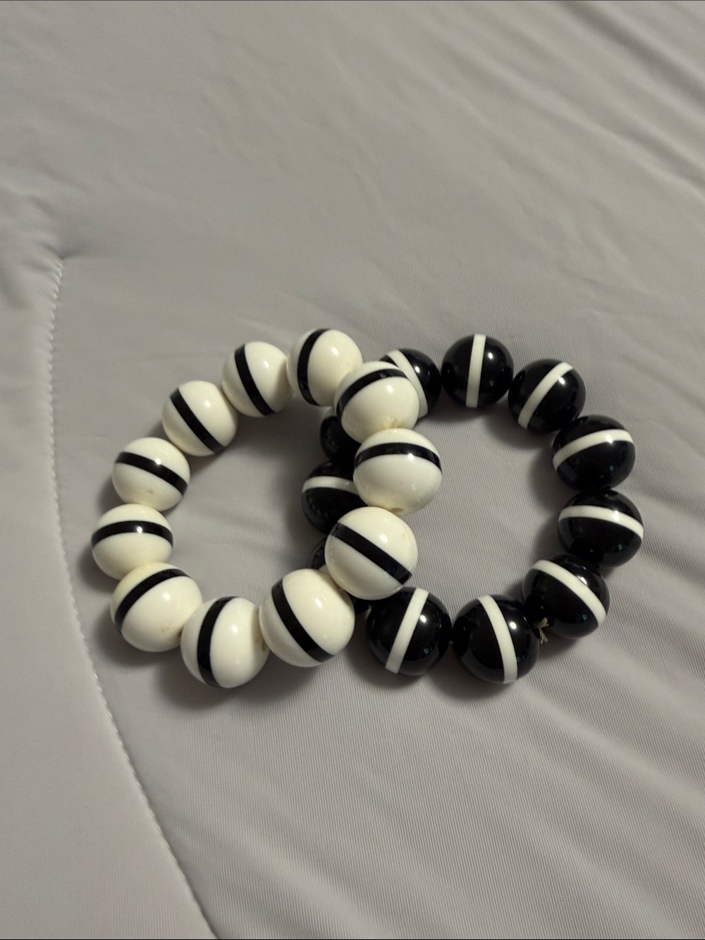 Vintage mod Black & White Striped Beaded Stretch Bracelets - Set of 2